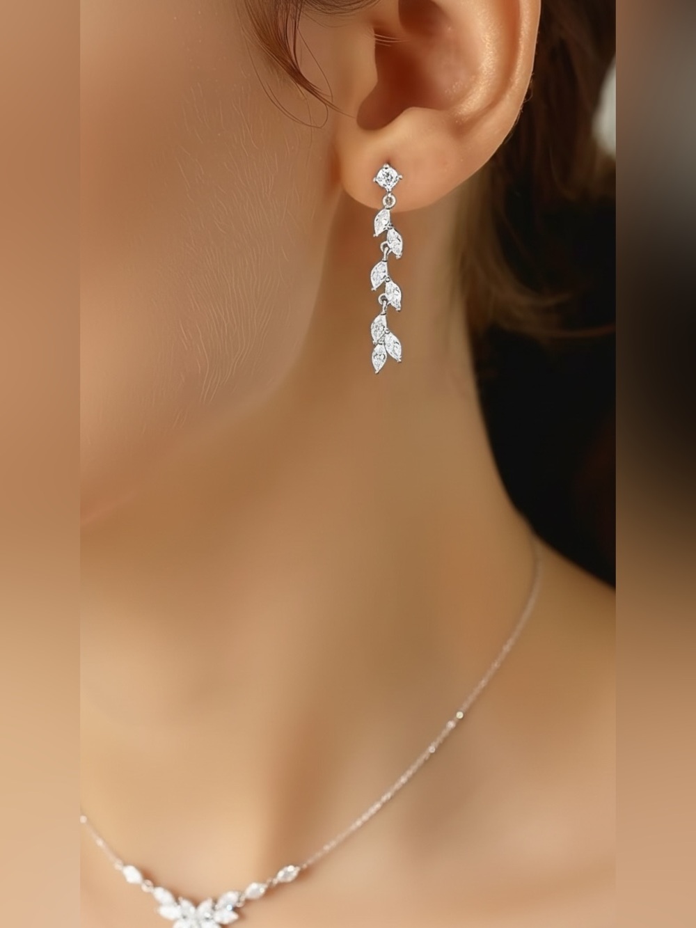 White Gold Plated  CZ Leaf Drop Earrings. New. - Picture 3 of 7